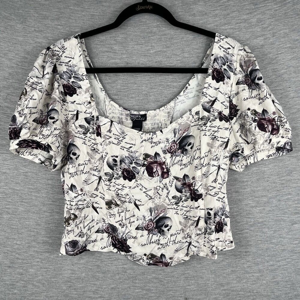Thorn & Fable Women's Crop Top Extra Large Skull Romeo Juliet Puff Sleeve
